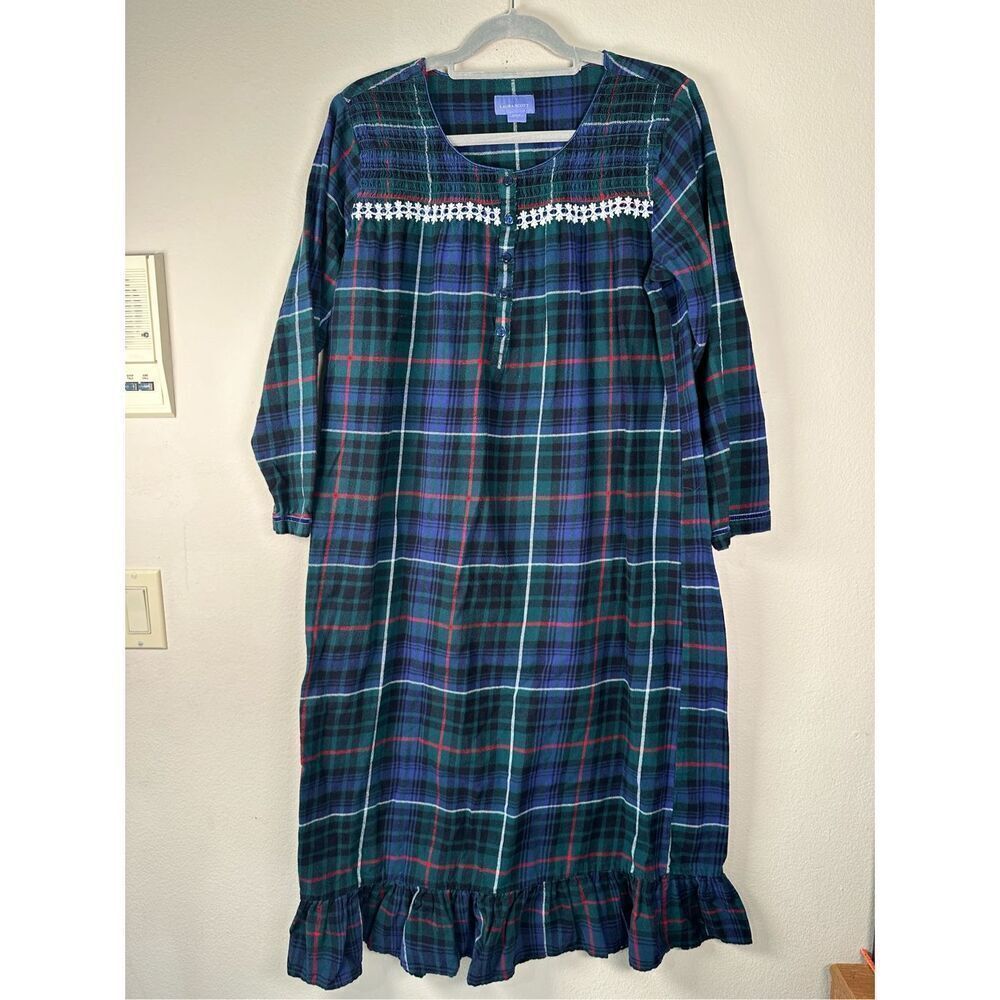 Laura Scott Plaid Flannel Nightgown Women’s Large – Long Sleeve Cottagecore Prai